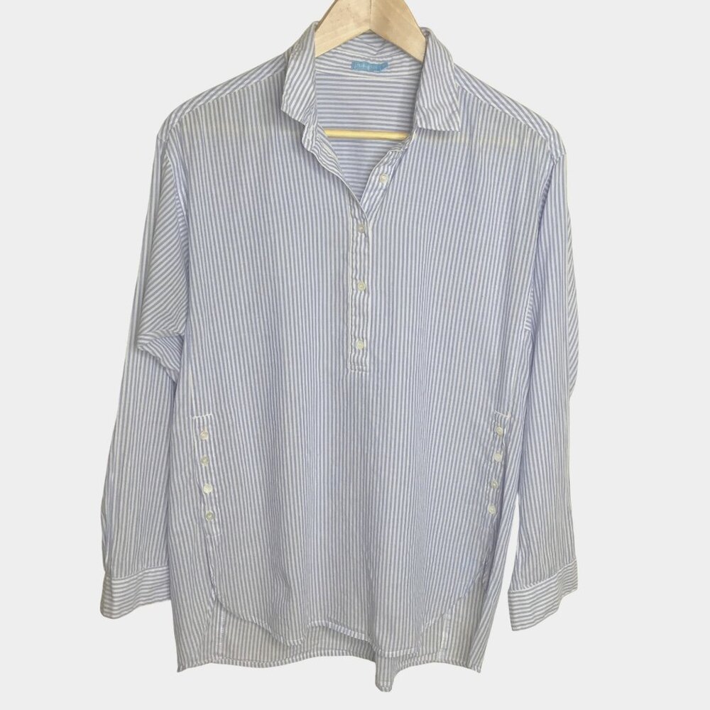 J MCLAUGHLIN Blue White Stripe Linen Popover Shirt S Button Side Coastal Classic